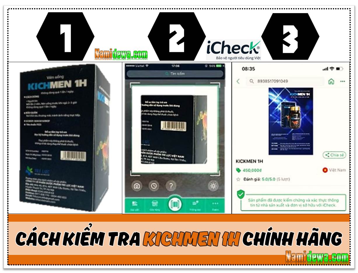 Dùng iCheck để kiểm tra sản phẩm Kichmen 1h có phải chính hãng hay không.